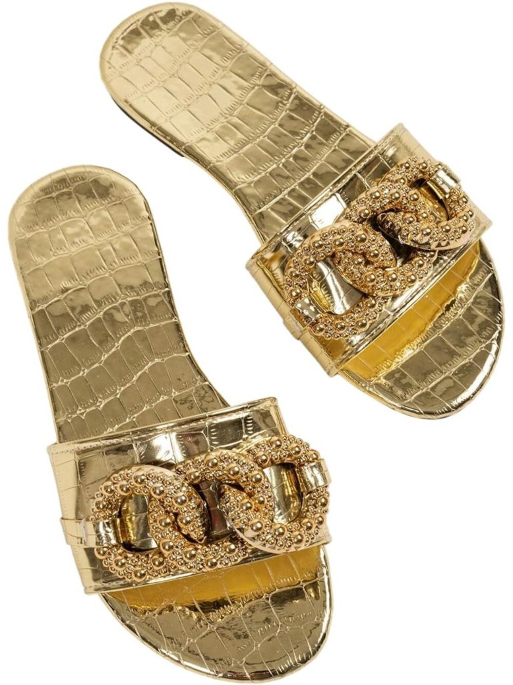 🆕Women's Gold Gold Chain Crocodile Embossed Sandals Dressy Metallic Flat